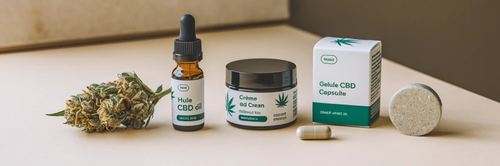 Produits CBD alignés sur un plan de travail : huile de cannabis, crème CBD, bonbon au CBD, gélule et fleur de chanvre, avec un fond beige discret.