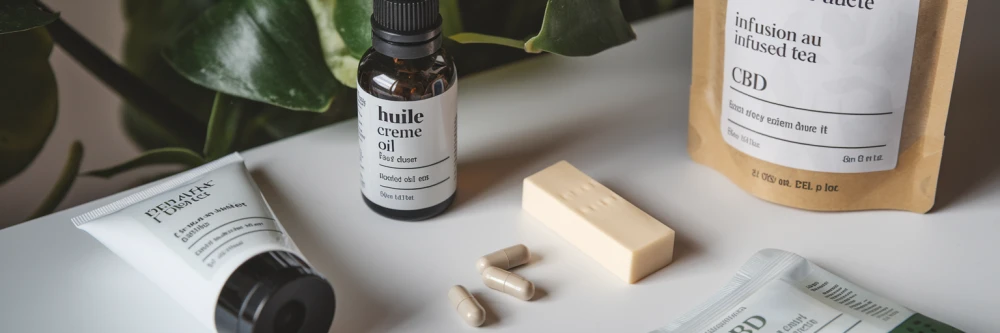 Produits au CBD présentés sur une surface blanche : huile de CBD, crème, gummies, capsules, infusion, avec une plante verte en arrière-plan et un éclairage doux.