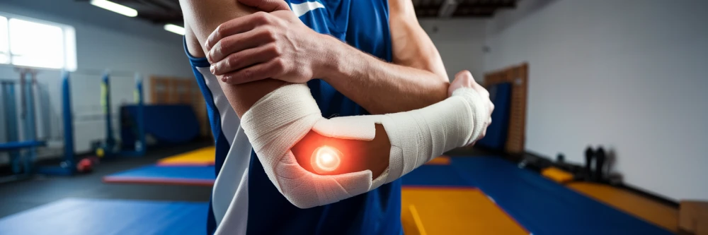 Sportif souffrant d'une tendinite au coude, portant un uniforme de sport et un bandage, debout dans une salle de sport lumineuse avec des équipements en arrière-plan.