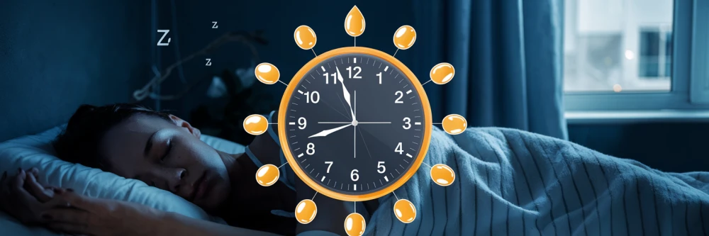 Illustration captivante sur l'interaction entre le CBD et le cycle de sommeil, avec un schéma simple représentant un cycle circadien équilibré via une horloge entouré de gouttes d'huile de CBD. En arrière plan une personne qui dort dans un chambre sombre.