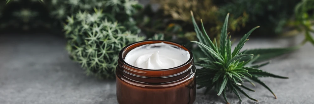 Photo d'un pot de crème au CBD posé sur une surface avec des plantes naturelles en arrière-plan, symbolisant les bienfaits apaisants et hydratants des cosmétiques au cannabidiol pour la peau.