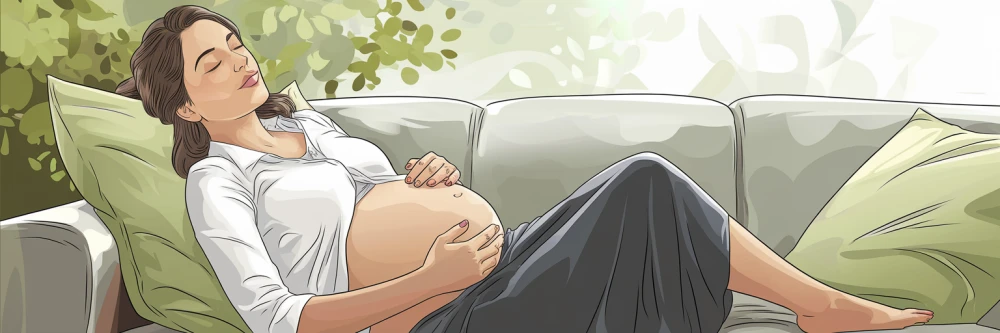 Illustration d'une femme enceinte se reposant sur un canapé, avec une ambiance apaisante et naturelle, soulignant l'attrait perçu du CBD pour alléger les maux liés à la grossesse.