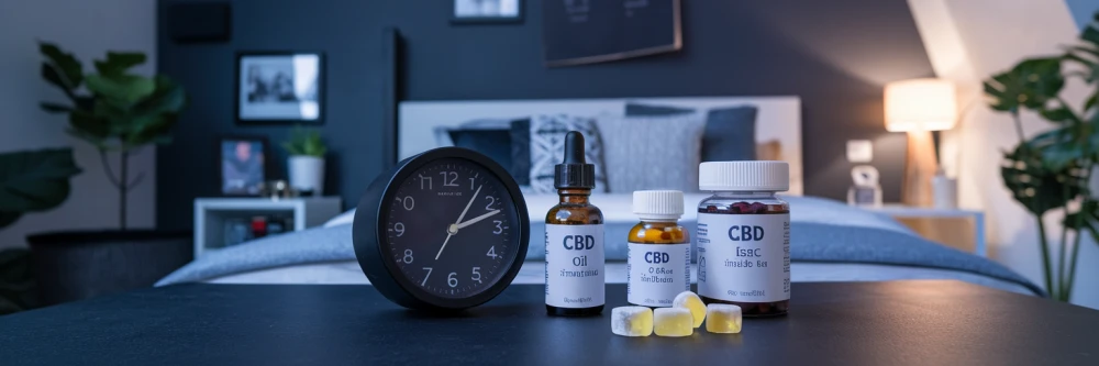 Représentation visuelle des différentes formes de CBD comme des gouttes, des gélules et des infusions, accompagnée d'une horloge, pour mettre en avant les méthodes et moments propices à la consommation.