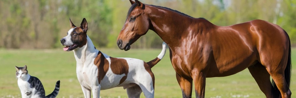 photo où on voit un chat, un chien et un cheval alignés