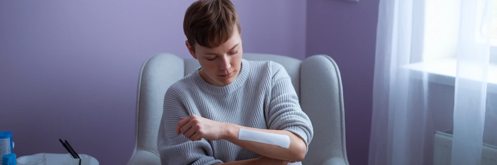 femme convalescente avec un platre au bras