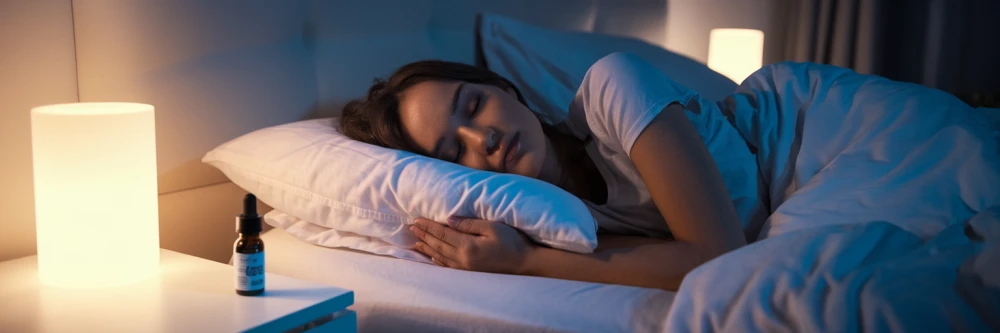 Une photo d'une femme dormant paisiblement dans son lit. Il y a une bouteille d'huile de CBD sur sa table de nuit. La pièce est faiblement éclairée, avec une douce lueur provenant de la veilleuse.