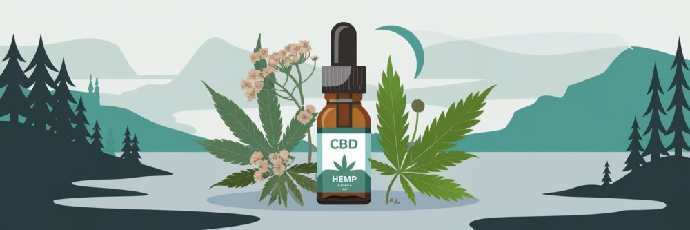 Une illustration d'une approche apaisée et naturelle du sevrage des substances utilisant le CBD. Il y a une bouteille d'huile de CBD, des fleurs de chanvre et des éléments naturels comme des feuilles. L'arrière-plan est un paysage serein avec des montagnes, des arbres et un plan d'eau.