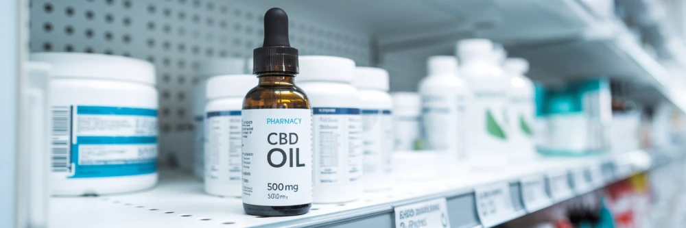 bouteille d'huile de CBD sur une étagère de pharmacie.  L'arrière-plan contient d'autres produits pharmaceutiques.