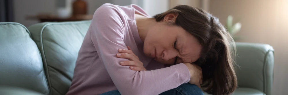 personne souffrant de douleurs chroniques et de fatigue, assise sur un canapé avec une expression épuisée